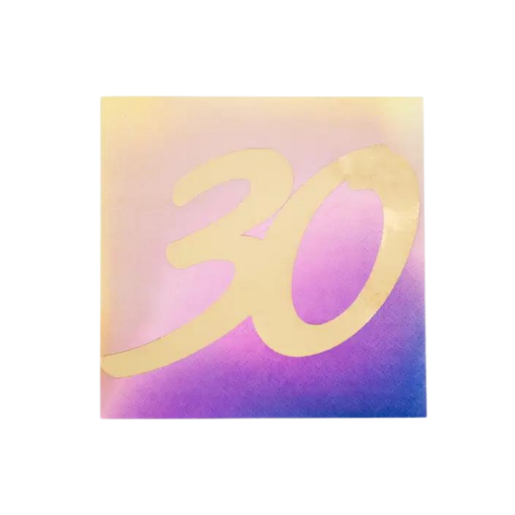 Pink purple ombre cocktail napkin with gold 30 for 30th birthday from Parte Haus party supply store in Bethesda MD