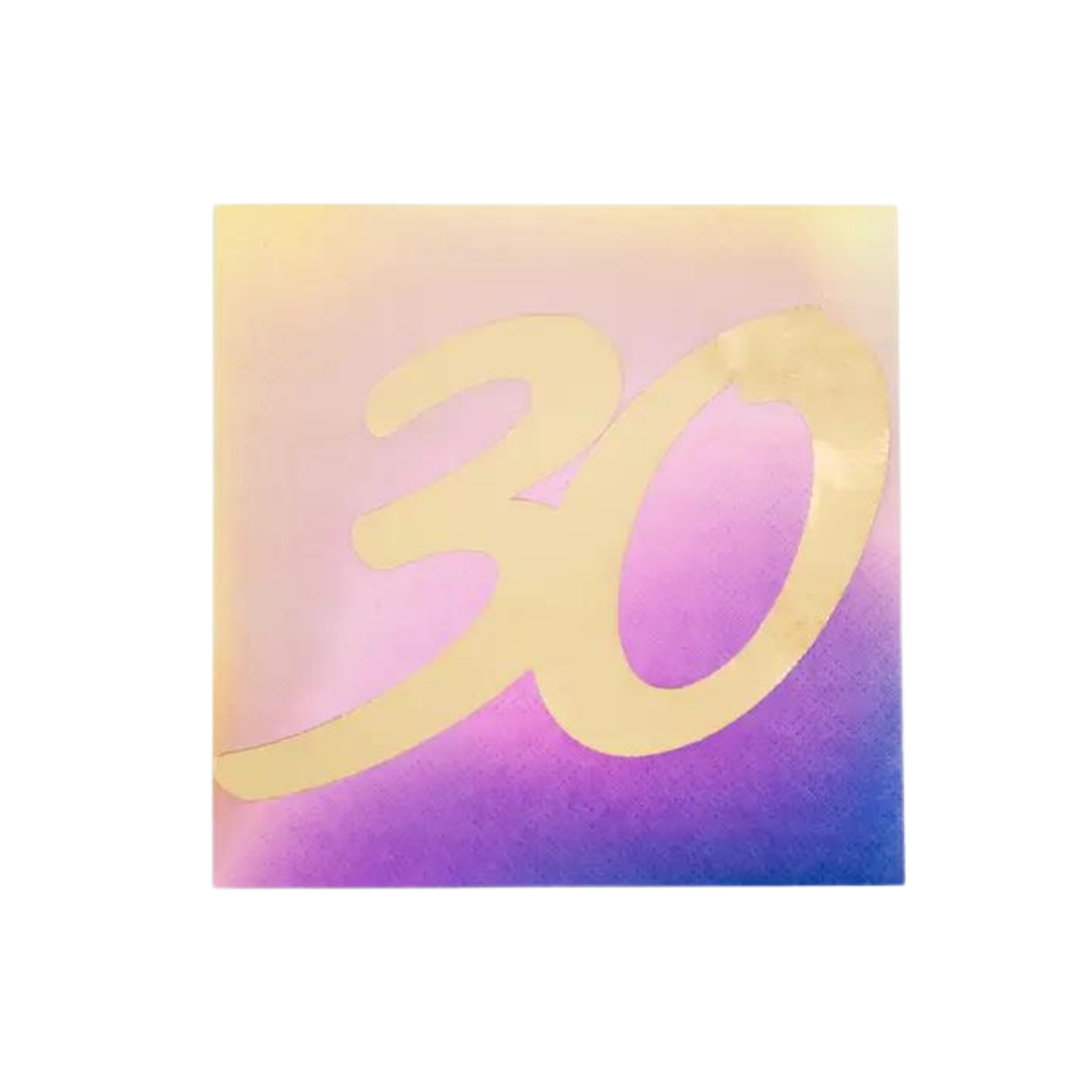 Pink purple ombre cocktail napkin with gold 30 for 30th birthday from Parte Haus party supply store in Bethesda MD