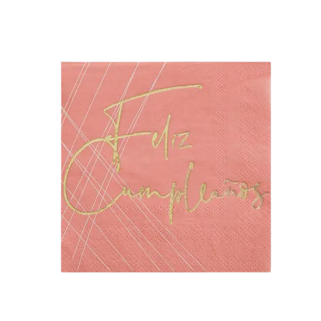 Pink birthday cocktail napkin with gold feliz cumpleaños text from Parte Haus party supply store in Bethesda MD