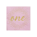 Pink cocktail napkin with gold one and confetti first birthday from Parte Haus party supply store in Bethesda MD.