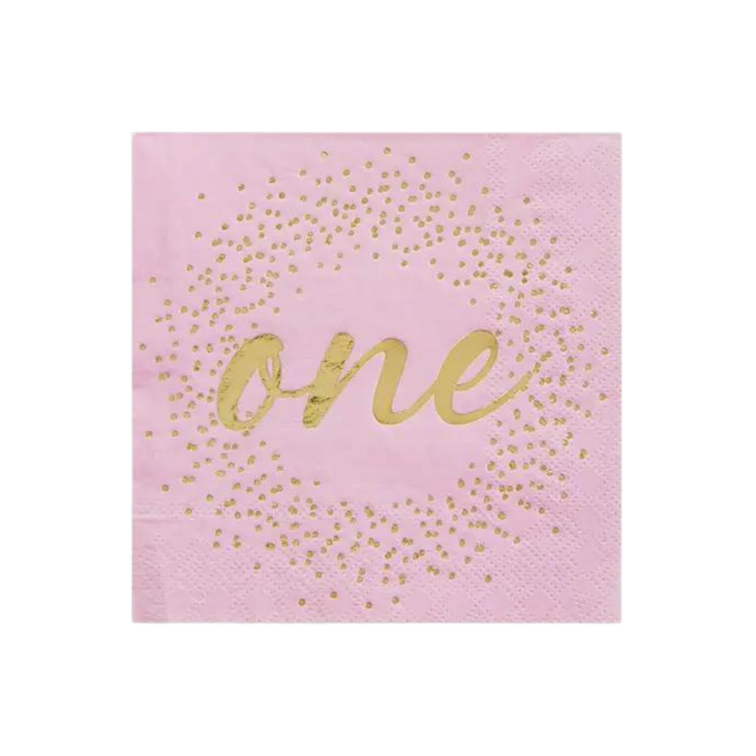 Pink cocktail napkin with gold one and confetti first birthday from Parte Haus party supply store in Bethesda MD.