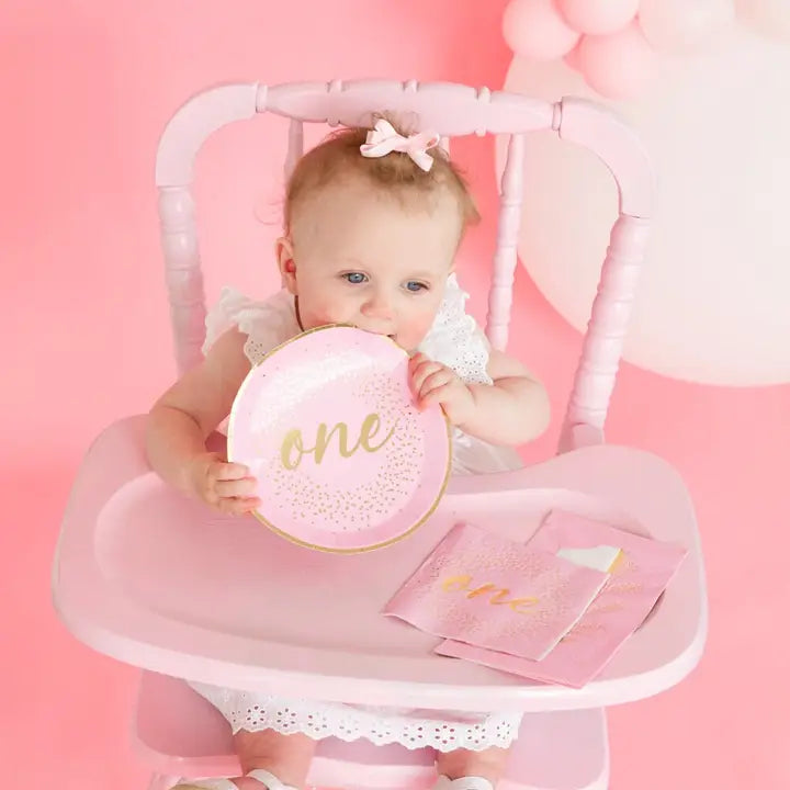 Pink milestone onederland dessert plates with gold one theme for first birthday from Parte Haus party supply store in Bethesda MD