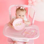 Pink milestone onederland dessert plates with gold one theme for first birthday from Parte Haus party supply store in Bethesda MD