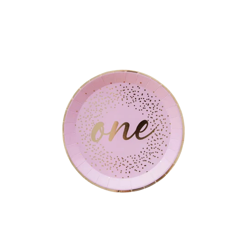 Pink dessert plate with gold dots and one text first birthday theme from Parte Haus party supply store in Bethesda MD