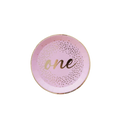 Pink dessert plate with gold dots and one text first birthday theme from Parte Haus party supply store in Bethesda MD