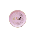 Pink dessert plate with gold dots and one text first birthday theme from Parte Haus party supply store in Bethesda MD