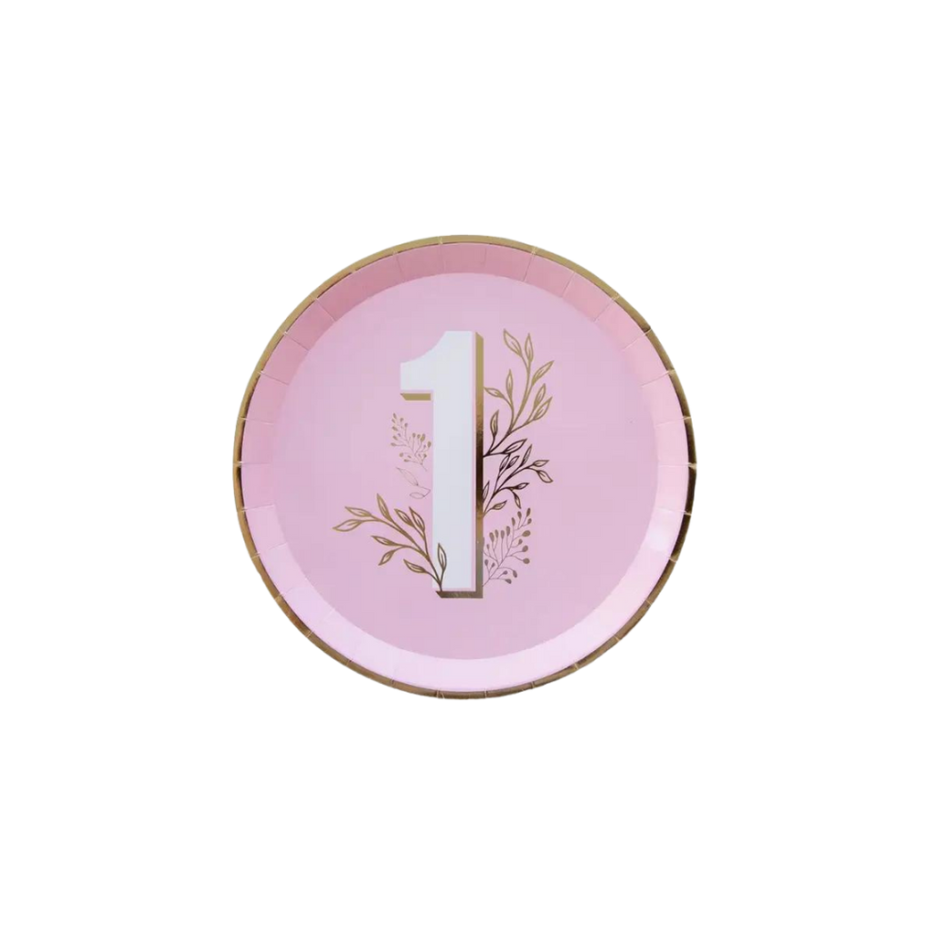 Pink milestone dinner plate with gold floral accents for first birthday from Parte Haus party supply store in Bethesda MD