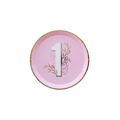 Pink milestone dinner plate with gold floral accents for first birthday from Parte Haus party supply store in Bethesda MD