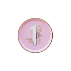 Pink milestone dinner plate with gold floral accents for first birthday from Parte Haus party supply store in Bethesda MD