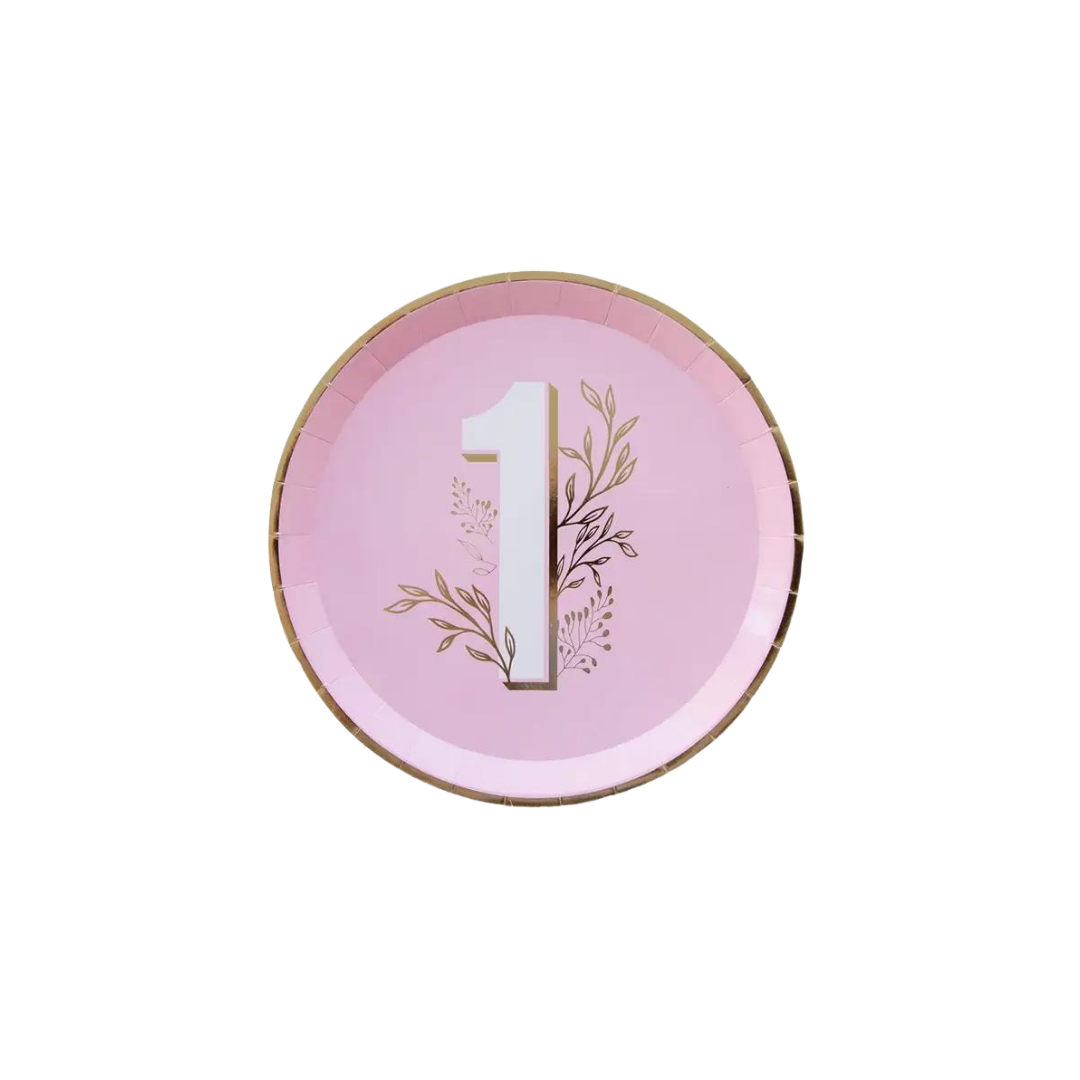 Pink milestone dinner plate with gold floral accents for first birthday from Parte Haus party supply store in Bethesda MD