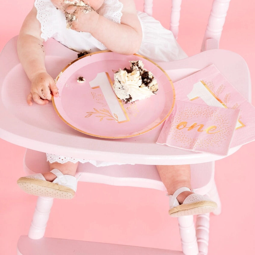 Pink first birthday napkins with gold one print for girl onederland theme from Parte Haus party supply store in Bethesda MD