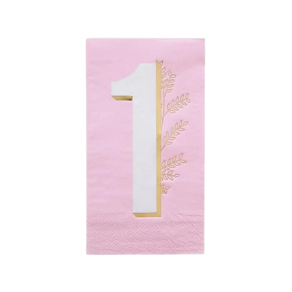Pink milestone napkin with gold number one and leaf print first birthday from Parte Haus party supply store in Bethesda MD