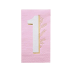 Pink milestone napkin with gold number one and leaf print first birthday from Parte Haus party supply store in Bethesda MD
