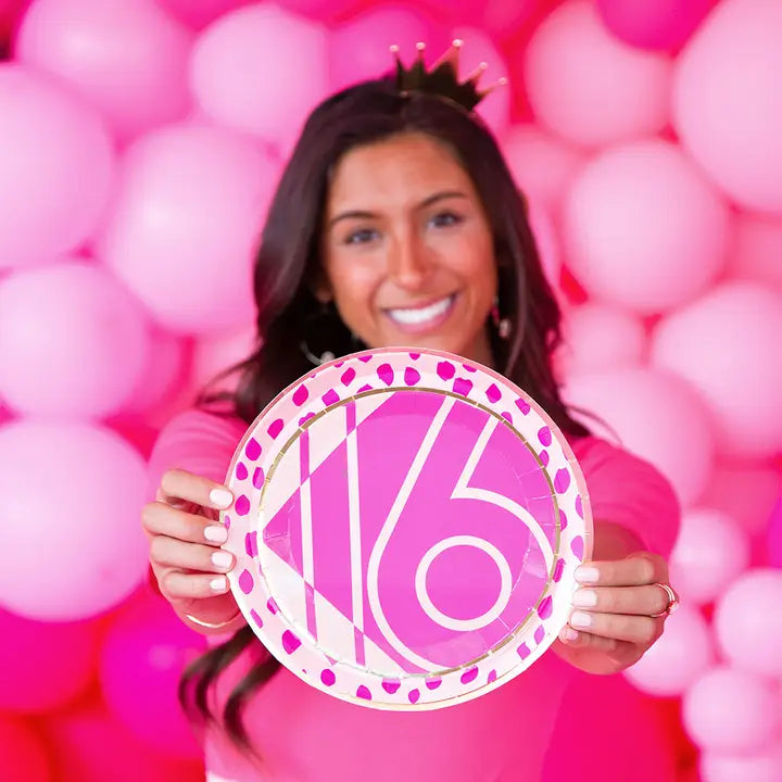 Pink Sweet 16 dessert plate with bold white number and pink dots for birthday from Parte Haus party supply store in Bethesda MD