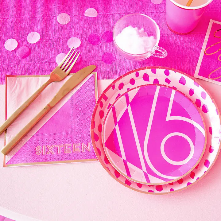 Pink Sweet 16 cocktail napkins and plates with festive table decor for birthday theme from Parte Haus party supply store in Bethesda Maryland