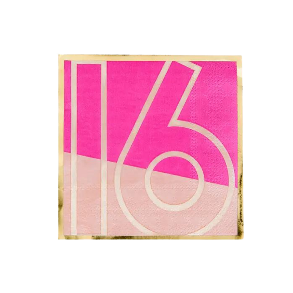 Pink and gold Sweet 16 cocktail napkin with bold number from Parte Haus party supply store in Bethesda MD