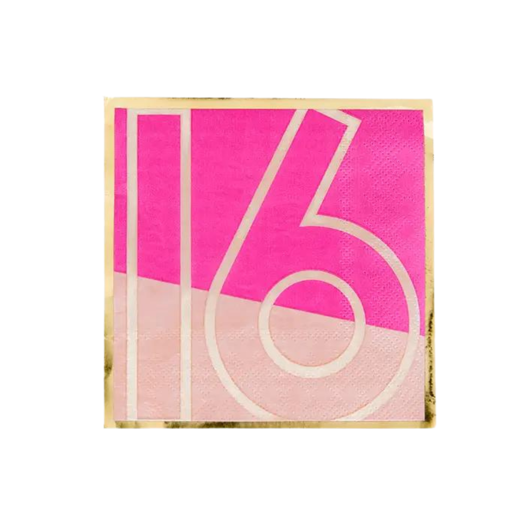 Pink and gold Sweet 16 cocktail napkin with bold number from Parte Haus party supply store in Bethesda MD