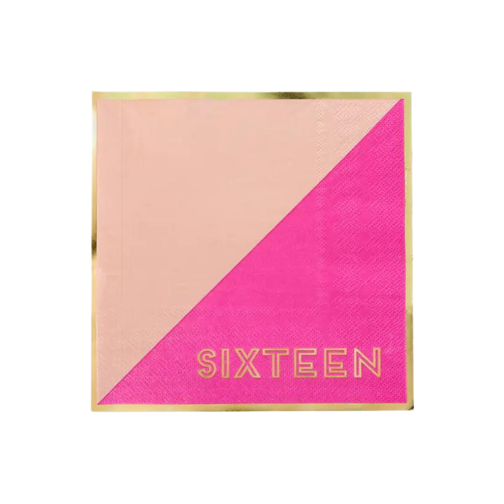 Pink and gold napkin with sixteen printed for sweet sixteen from Parte Haus party supply store in Bethesda MD