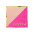 Pink and gold napkin with sixteen printed for sweet sixteen from Parte Haus party supply store in Bethesda MD