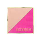 Pink and gold napkin with sixteen printed for sweet sixteen from Parte Haus party supply store in Bethesda MD