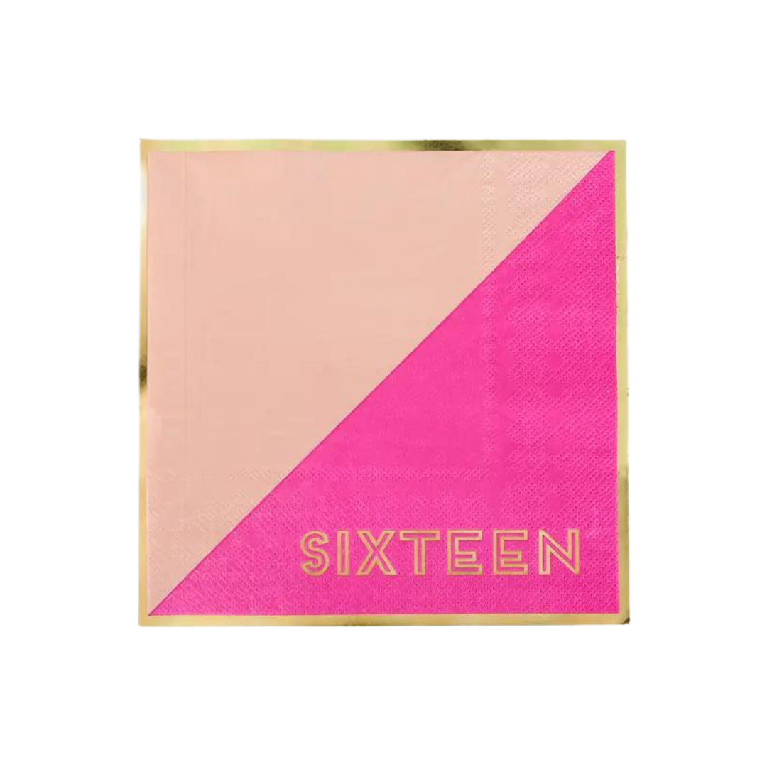 Pink and gold napkin with sixteen printed for sweet sixteen from Parte Haus party supply store in Bethesda MD