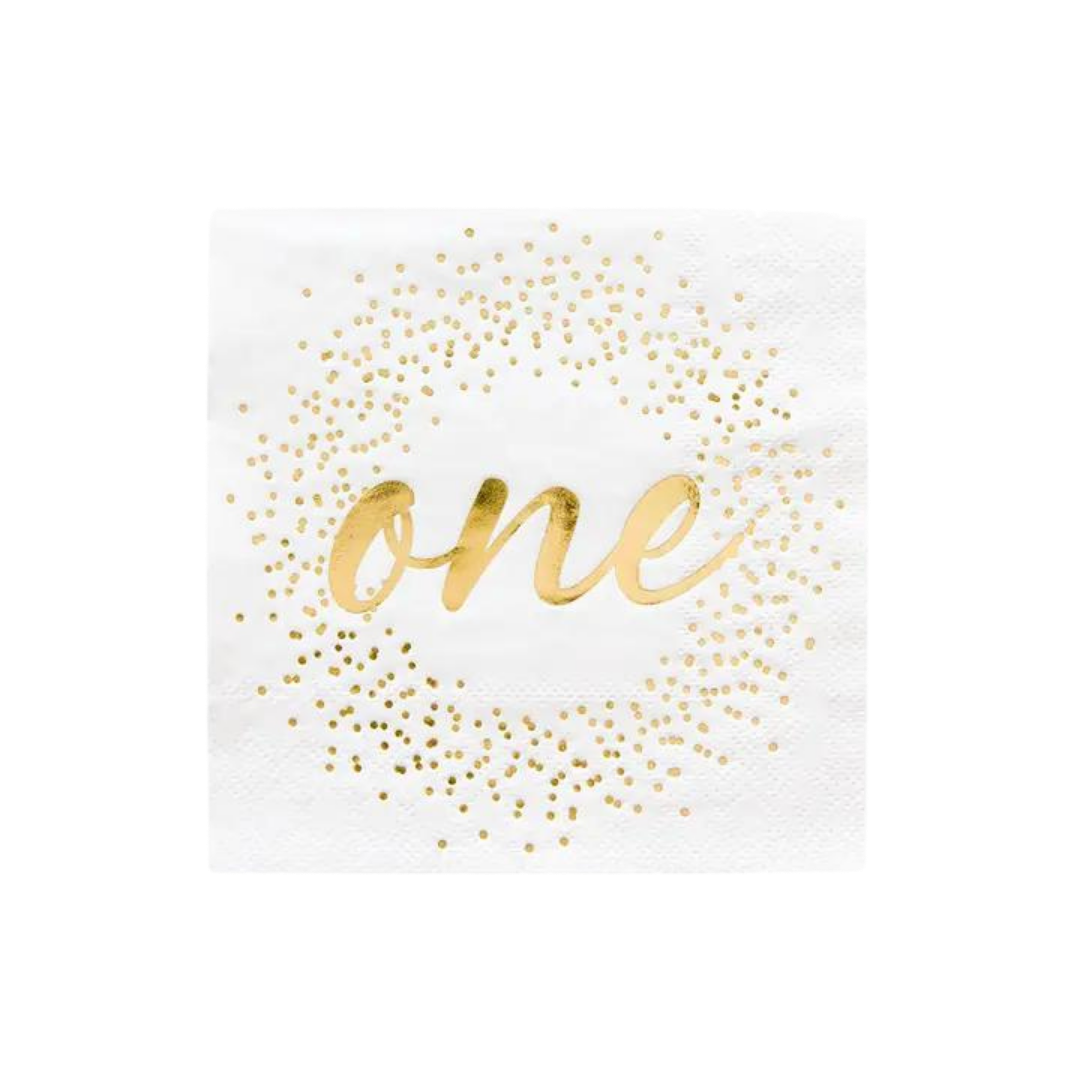 White and gold first birthday cocktail napkin with one script for Onederland theme from Parte Haus party supply store in Bethesda MD