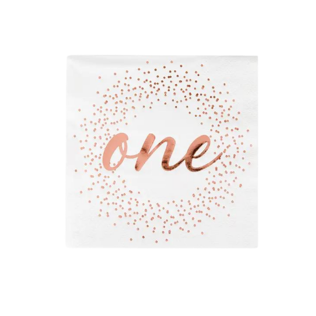 Rose gold milestone cocktail napkin with one script for first birthday from Parte Haus party supply store in Bethesda MD