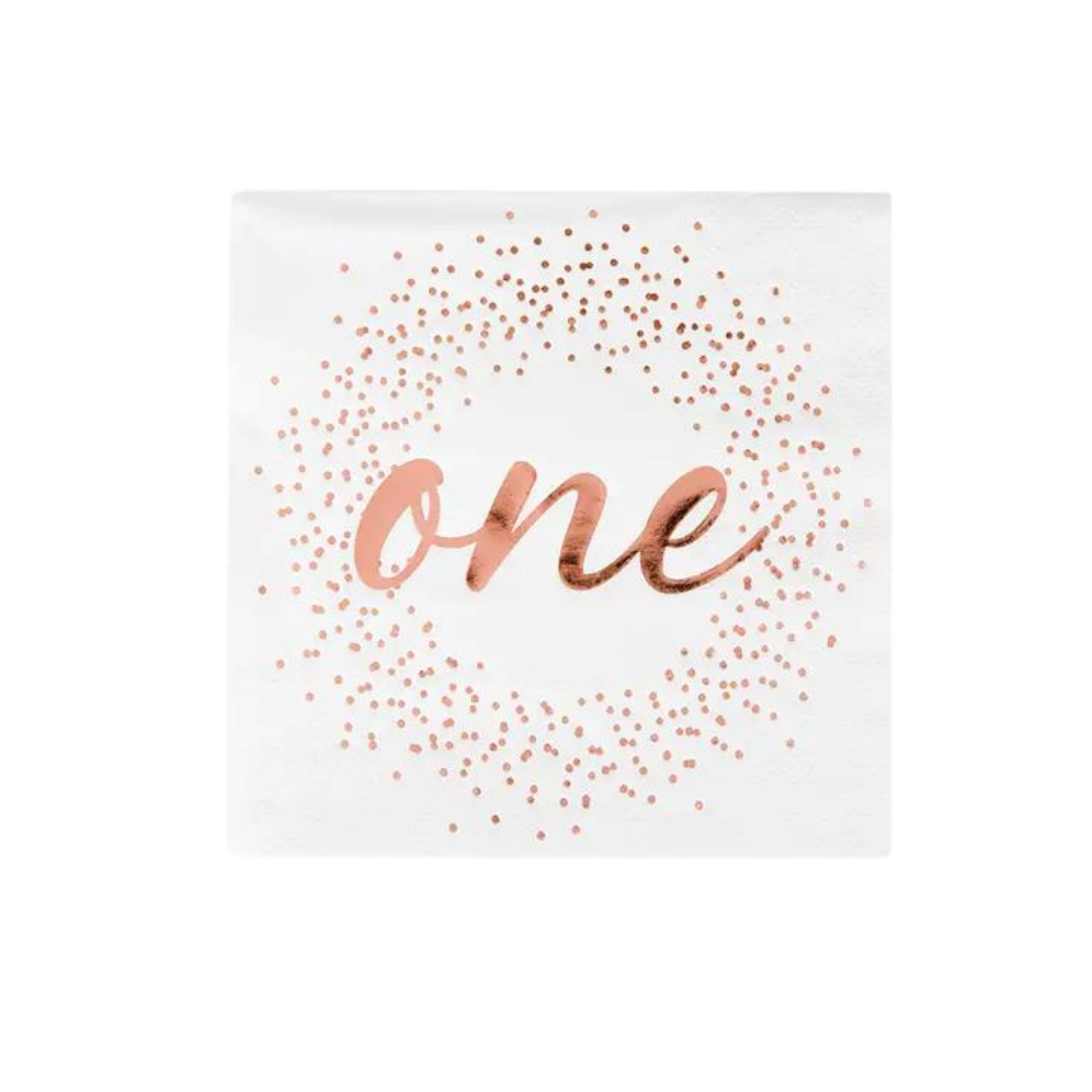 Rose gold milestone cocktail napkin with one script for first birthday from Parte Haus party supply store in Bethesda MD