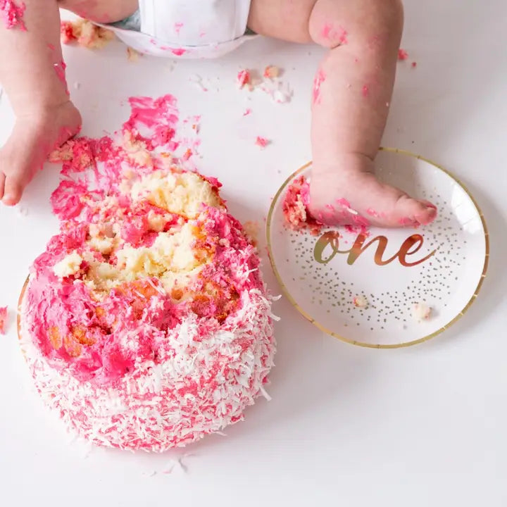 White milestone dessert plate with gold one text for first birthday cake smash theme from Parte Haus party supply store in Bethesda Maryland