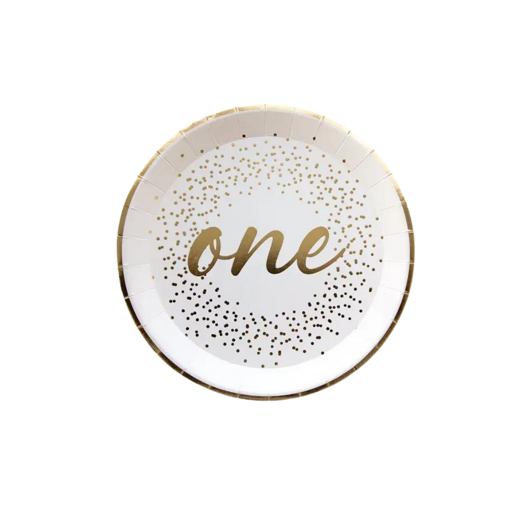White milestone dessert plate with gold confetti and one text first birthday theme from Parte Haus party supply store in Bethesda MD