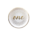 White milestone dessert plate with gold confetti and one text first birthday theme from Parte Haus party supply store in Bethesda MD