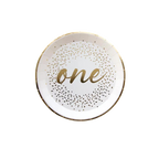 White milestone dessert plate with gold confetti and one text first birthday theme from Parte Haus party supply store in Bethesda MD