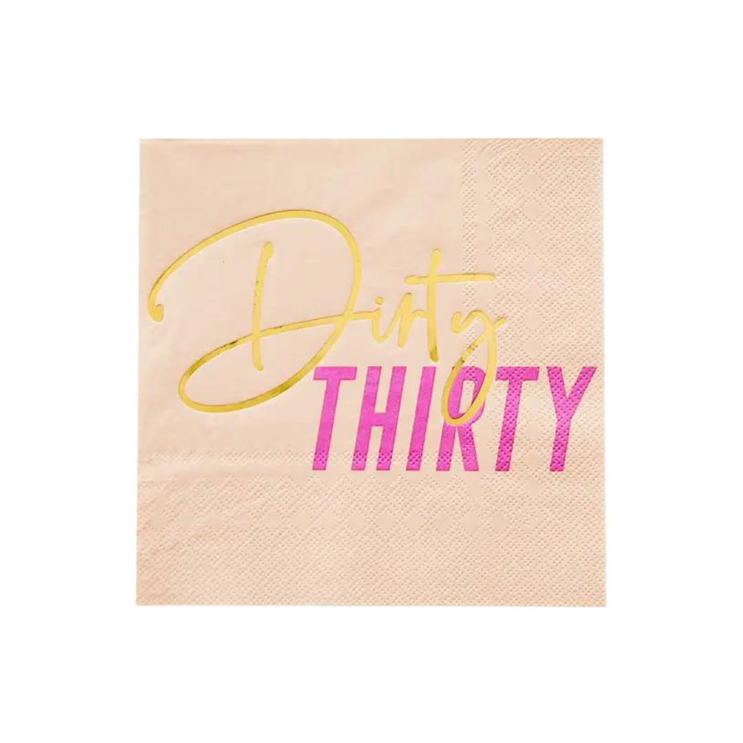 Beige large napkin with Dirty Thirty in gold and pink birthday theme from Parte Haus party supply store in Bethesda MD