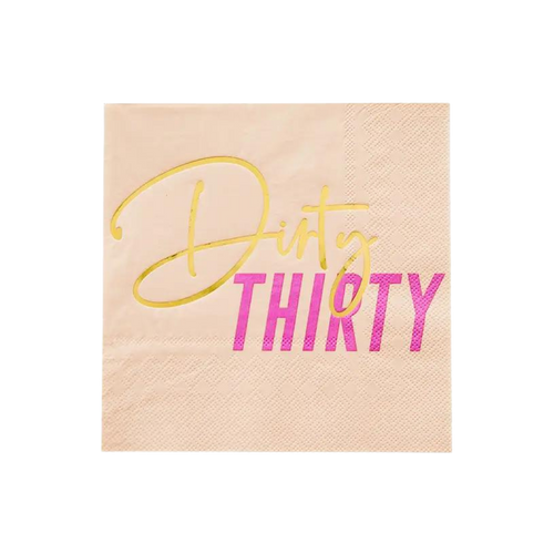 Beige large napkin with Dirty Thirty in gold and pink birthday theme from Parte Haus party supply store in Bethesda MD