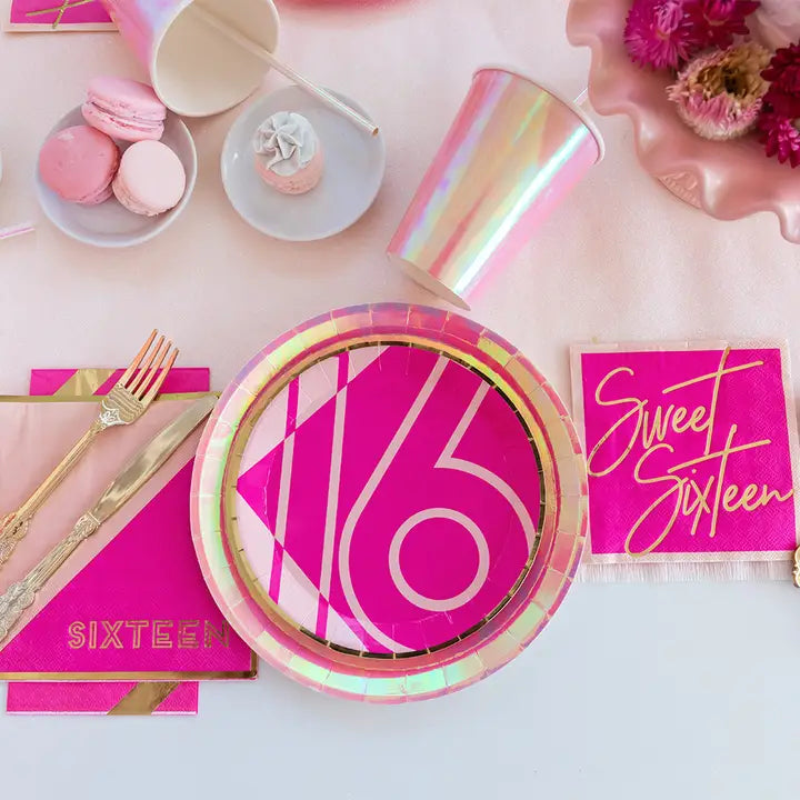 Pink sweet sixteen cocktail napkins with iridescent gold design for birthday from Parte Haus party supply store in Bethesda MD
