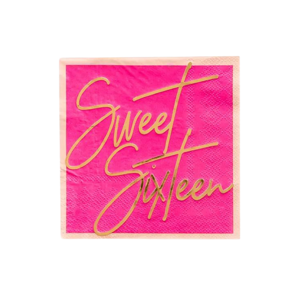 Pink cocktail napkin with gold Sweet Sixteen text birthday theme from Parte Haus party supply store in Bethesda MD