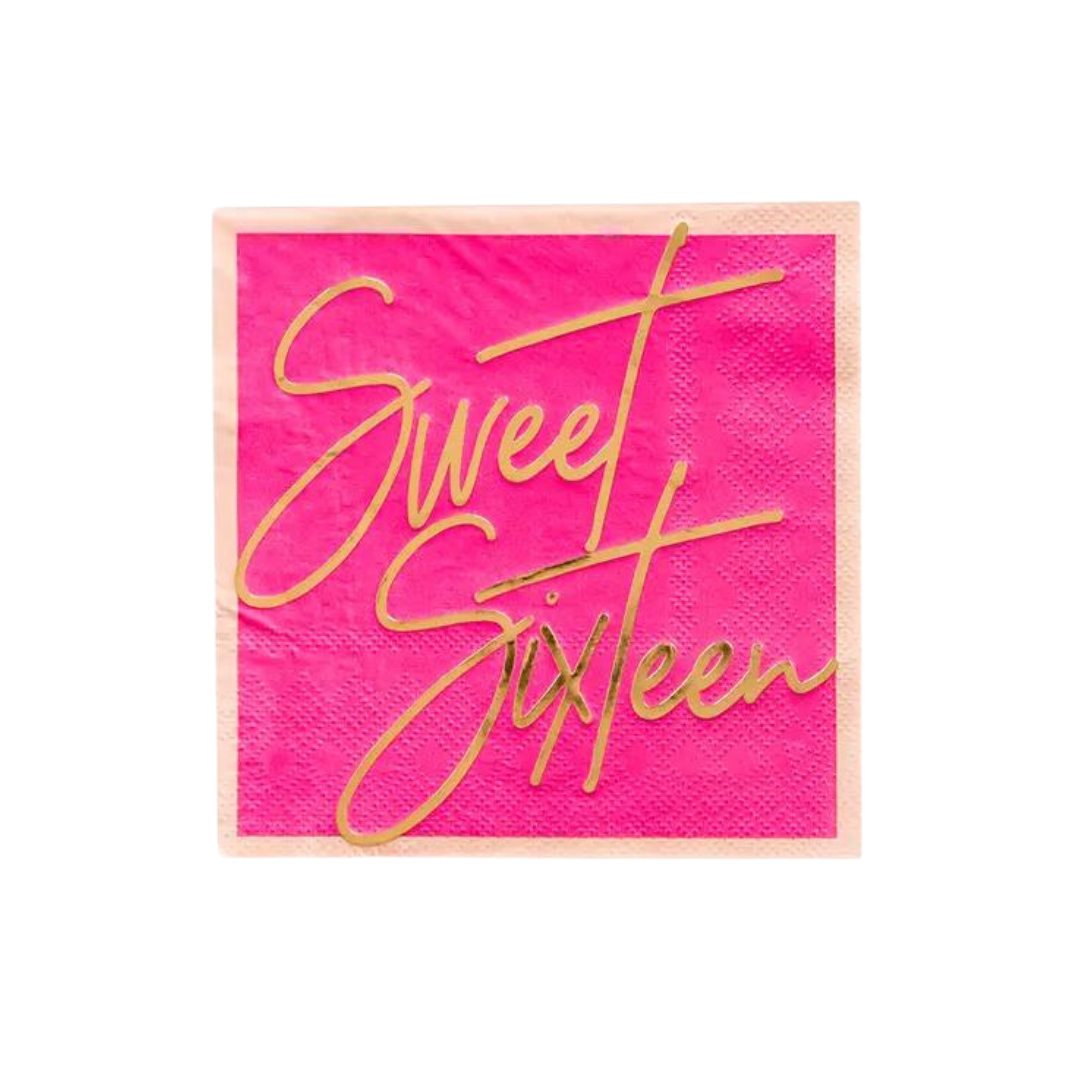 Pink cocktail napkin with gold Sweet Sixteen text birthday theme from Parte Haus party supply store in Bethesda MD