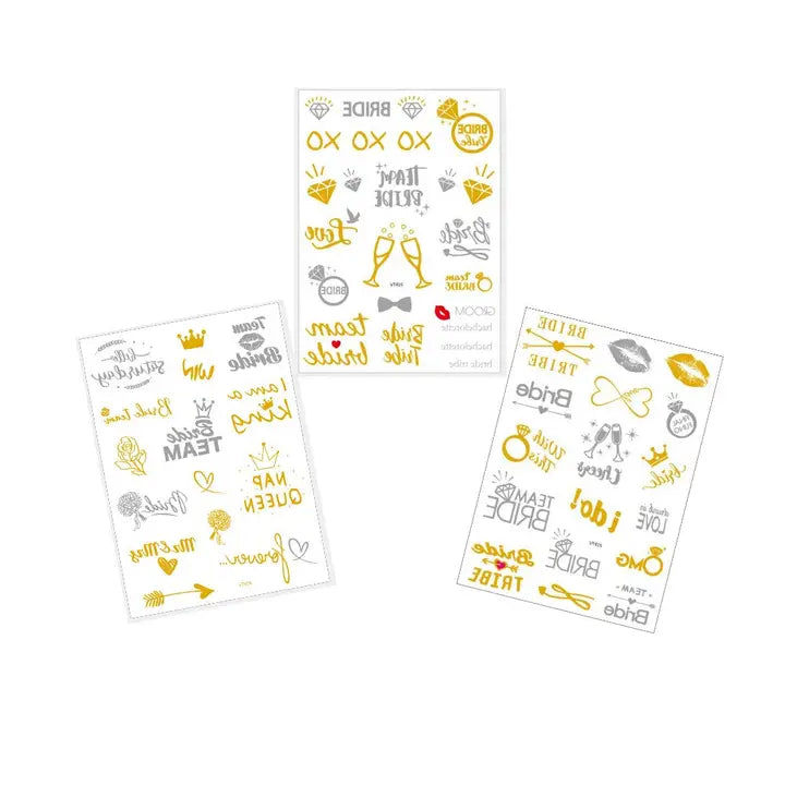 Gold Mimosa Bar Decoration Kit with bridal themed tattoo stickers for bachelorette party from Parte Haus party supply store in Bethesda Maryland