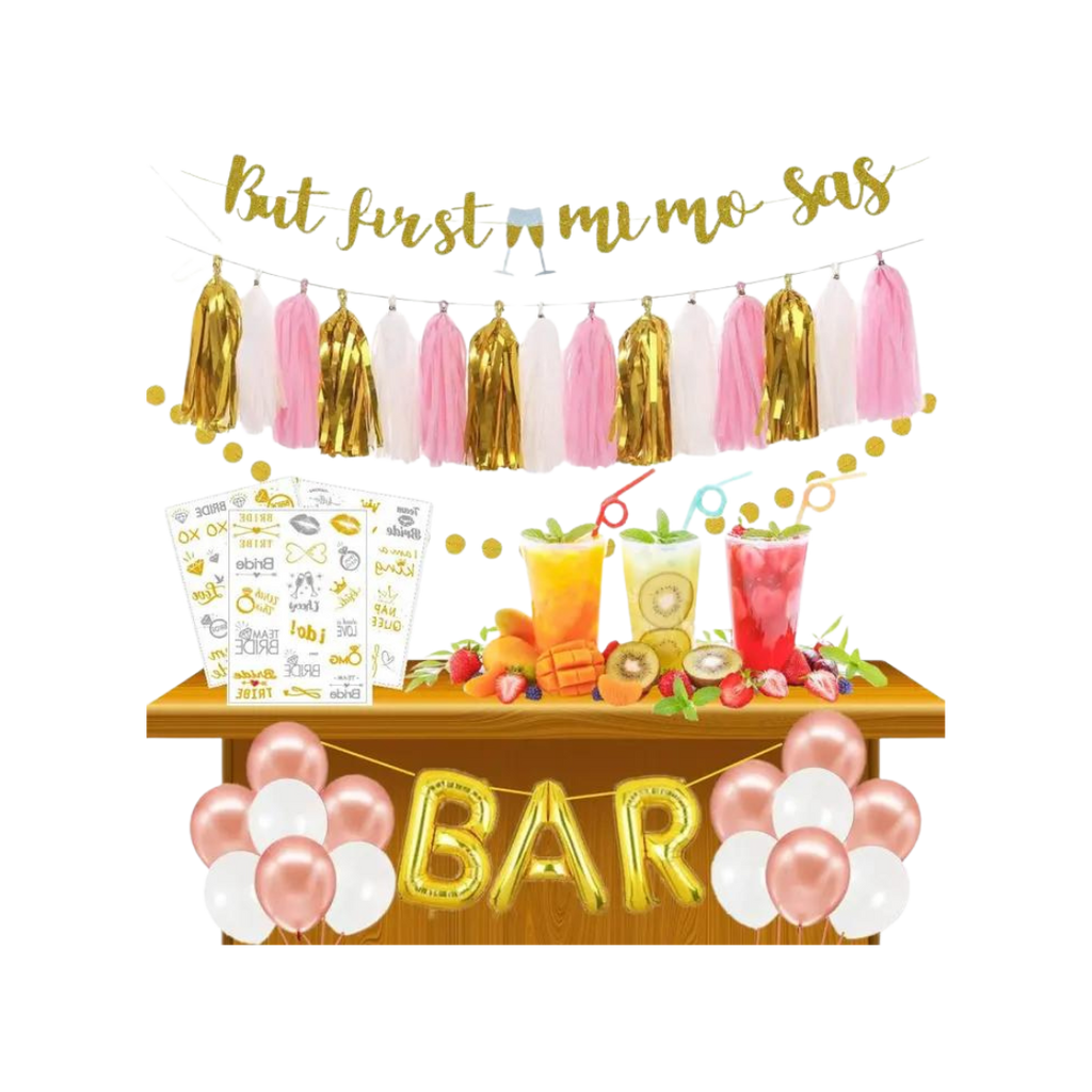 Gold pink Mimosa Bar decoration kit with tassels balloons and drinks for brunch from Parte Haus party supply store in Bethesda Maryland.