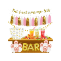Gold pink Mimosa Bar decoration kit with tassels balloons and drinks for brunch from Parte Haus party supply store in Bethesda Maryland.