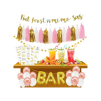 Gold pink Mimosa Bar decoration kit with tassels balloons and drinks for brunch from Parte Haus party supply store in Bethesda Maryland.