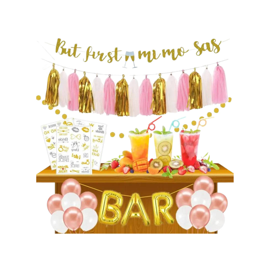 Gold pink Mimosa Bar decoration kit with tassels balloons and drinks for brunch from Parte Haus party supply store in Bethesda Maryland.