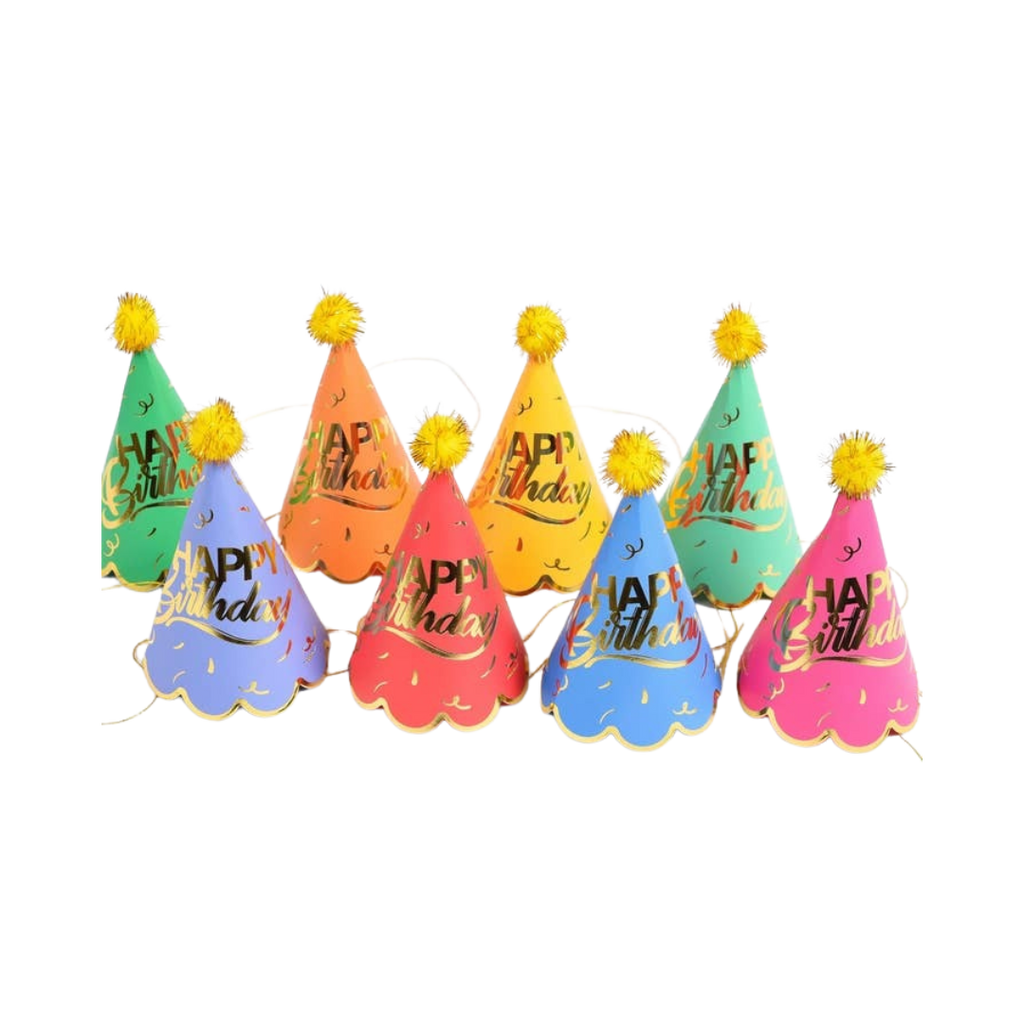Colorful mini birthday party hats with pom poms Happy Birthday theme from Parte Haus party supply store in Bethesda MD