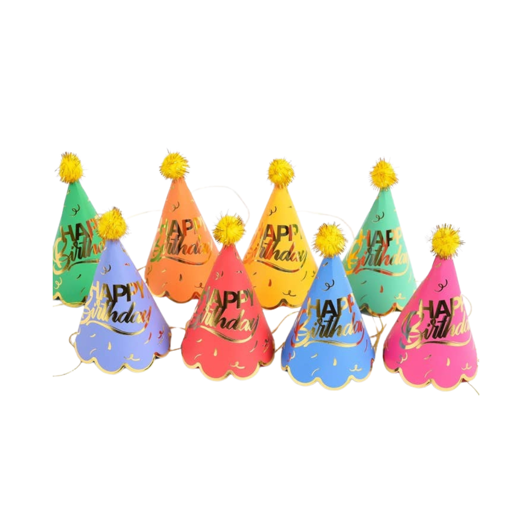 Colorful mini birthday party hats with pom poms Happy Birthday theme from Parte Haus party supply store in Bethesda MD
