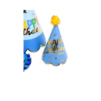 Blue and gold mini birthday hat with pompom for birthday theme from Parte Haus party supply store in Bethesda MD