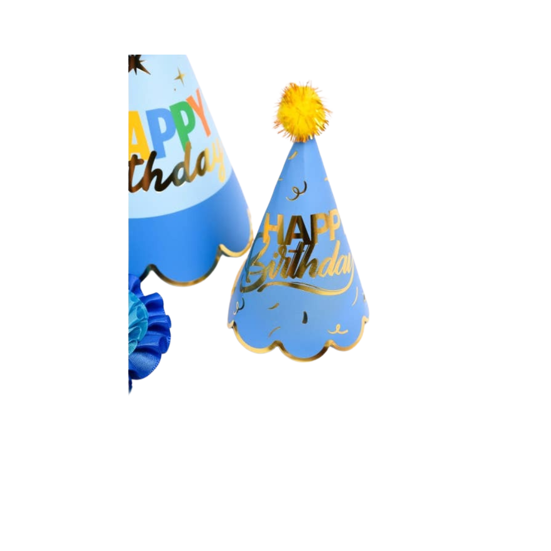 Blue and gold mini birthday hat with pompom for birthday theme from Parte Haus party supply store in Bethesda MD