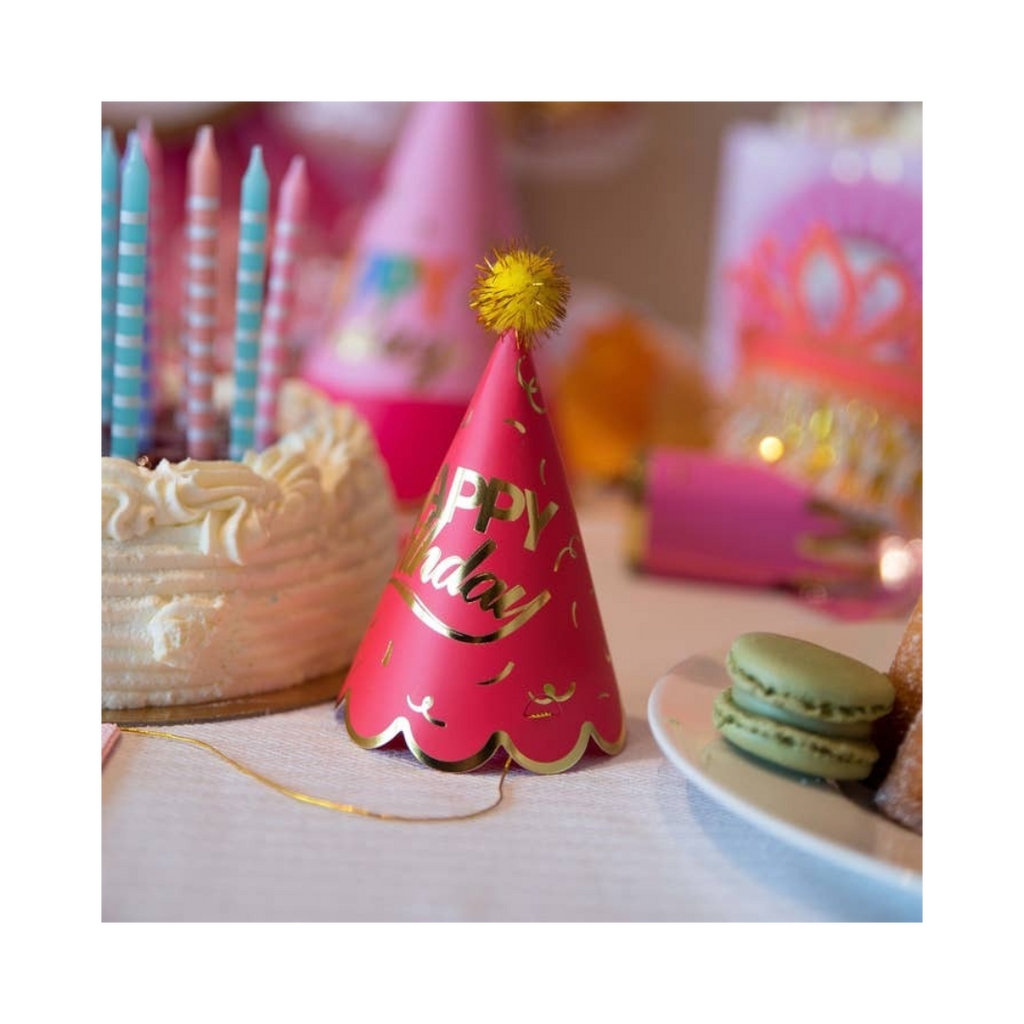 Pink mini happy birthday party hat with gold pom and cake for birthday from Parte Haus party supply store in Bethesda MD