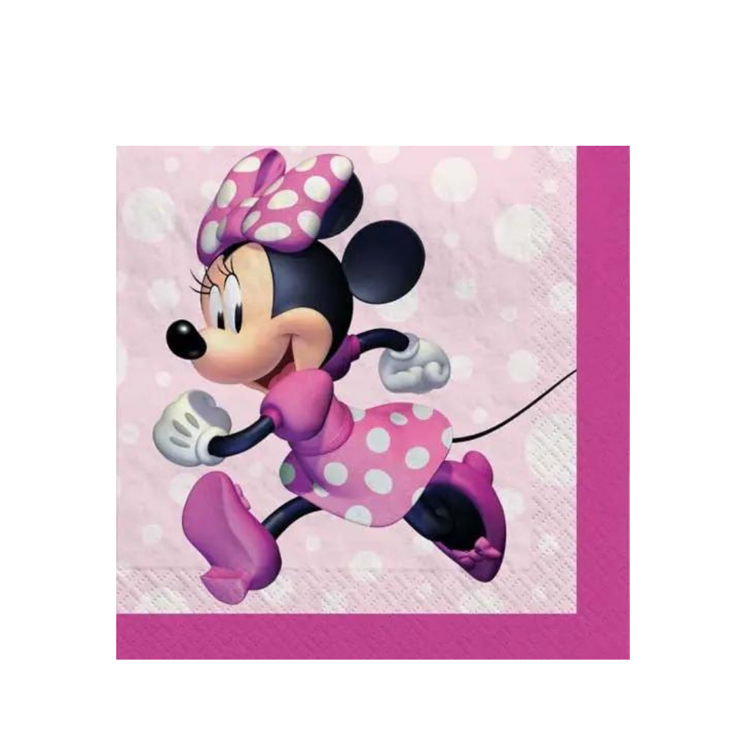 Pink Minnie Mouse beverage napkin with polka dots for kids birthday theme from Parte Haus party supply store in Bethesda MD.
