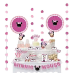 Pink Minnie Mouse buffet table decorating kit with polka dots for kids birthday from Parte Haus party supply store in Bethesda MD