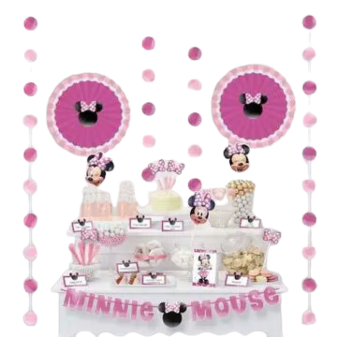 Pink Minnie Mouse buffet table decorating kit with polka dots for kids birthday from Parte Haus party supply store in Bethesda MD